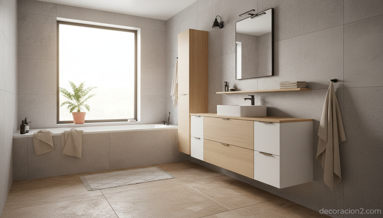 Baño nórdico con mueble modular suspendido y detalles en madera clara