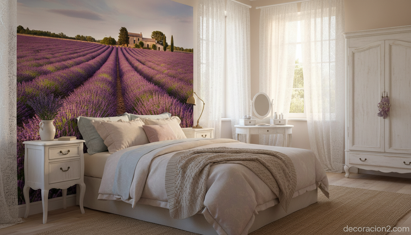Cabecero fotográfico con campo de lavanda en dormitorio provenzal