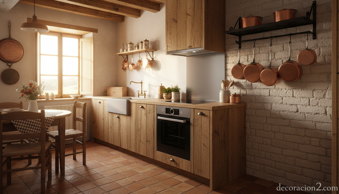 Mini cocina compacta en casa de campo rústica con vigas de madera