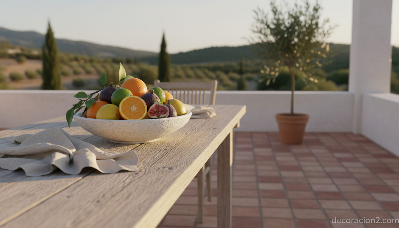 Frutero blanco con cítricos sobre mesa de terraza mediterránea al atardecer