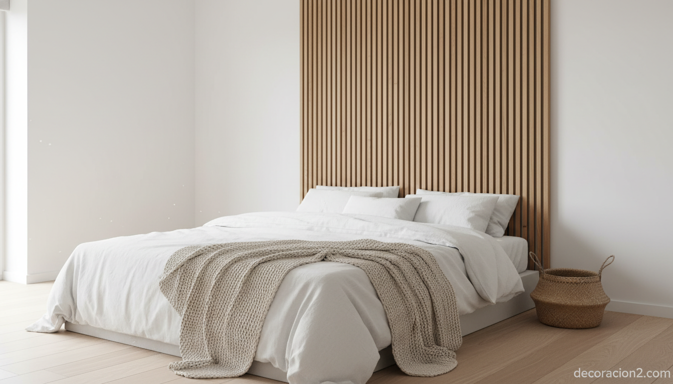 Cabecero de madera de roble estilo nórdico en dormitorio minimalista