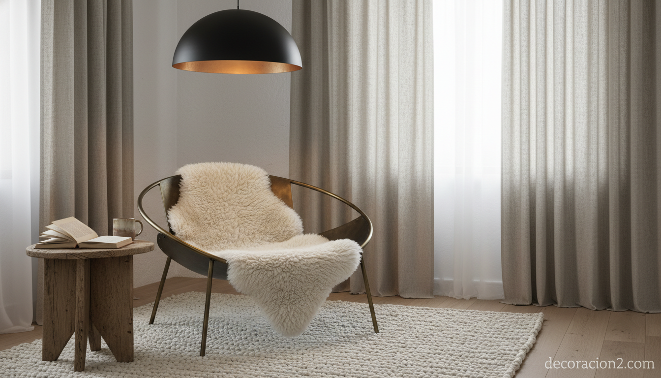 Sillón escultórico en rincón de lectura nórdico con textiles cálidos