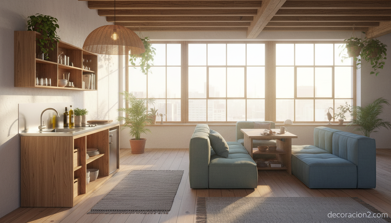 Loft nórdico con cocina plegable desplegada y muebles multifuncionales