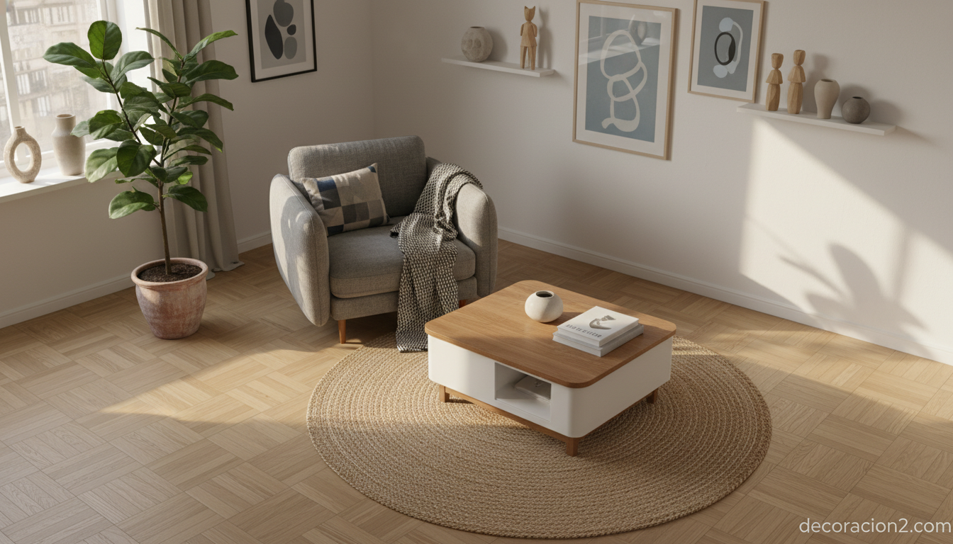 Mesa de café contemporánea integrada en salón nórdico pequeño