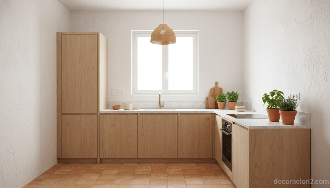 Cocina modular pequeña en L para apartamento de estilo mediterráneo