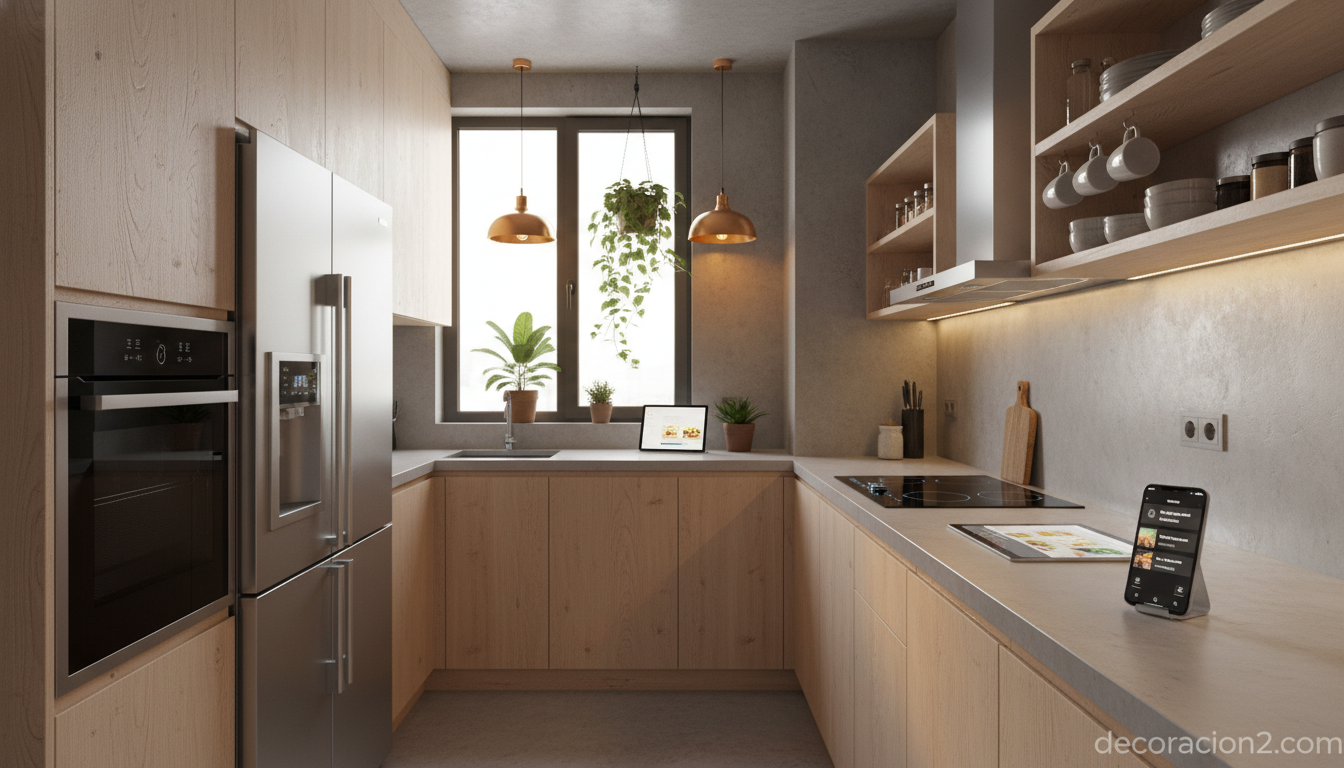 Cocina urbana pequeña con electrodomésticos conectados y diseño minimalista