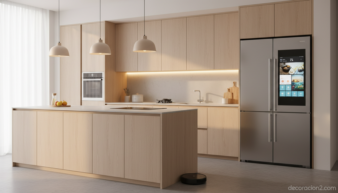 Frigorífico French Door inteligente con pantalla táctil en cocina nórdica
