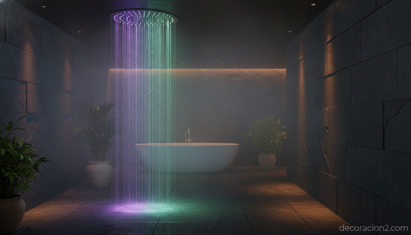 Luces LED para ducha: guía completa para elegir tu alcachofa con temperatura por colores 5 Ducha tipo lluvia con cromoterapia LED multicolor en baño spa