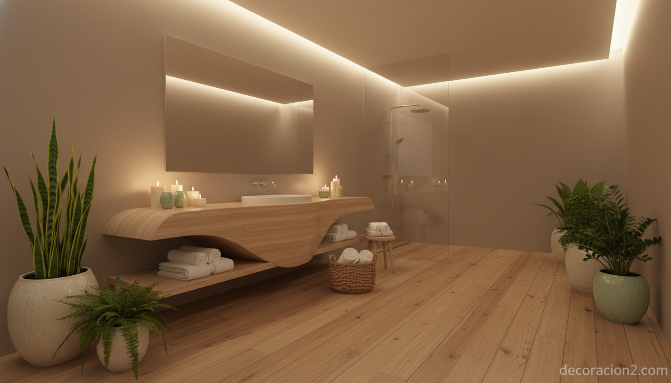 Baño de estilo spa con mueble curvo y madera natural