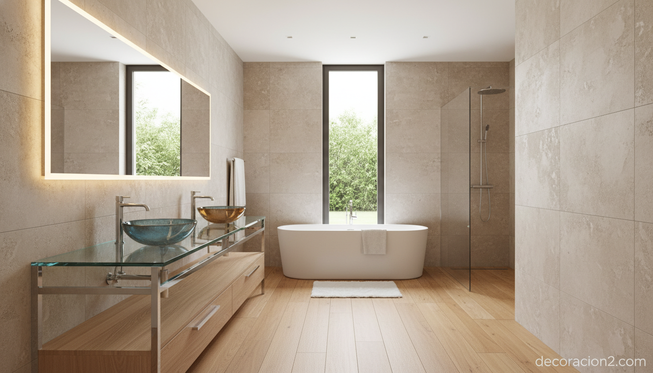 Baño principal con doble lavabo de cristal Eurobagno y suelo de madera