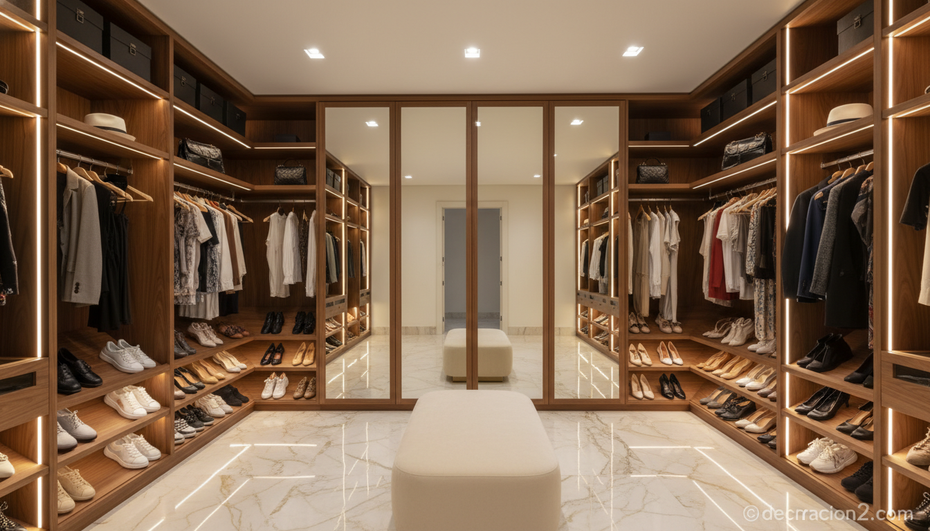 Vestidor moderno con armarios abiertos a medida en tonos madera y blanco