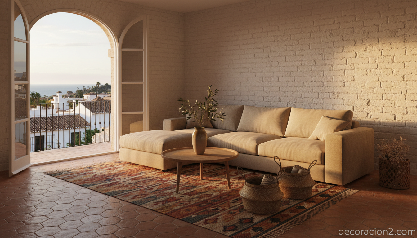 Salón mediterráneo con muebles nórdicos BoConcept combinados con textiles artesanales