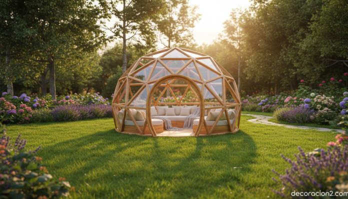 Refugio esférico de jardín con estructura de madera y cristal en jardín moderno
