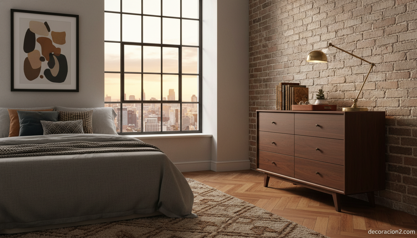 Cómoda Malm marrón oscuro en dormitorio estilo industrial con pared de ladrillo