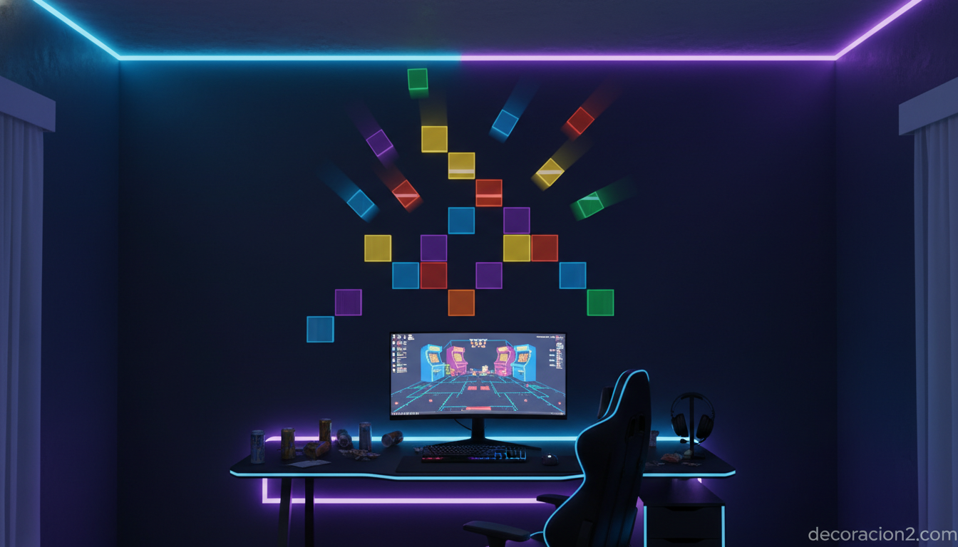 Habitación gamer con espejo Tetris en composición dinámica con piezas de colores