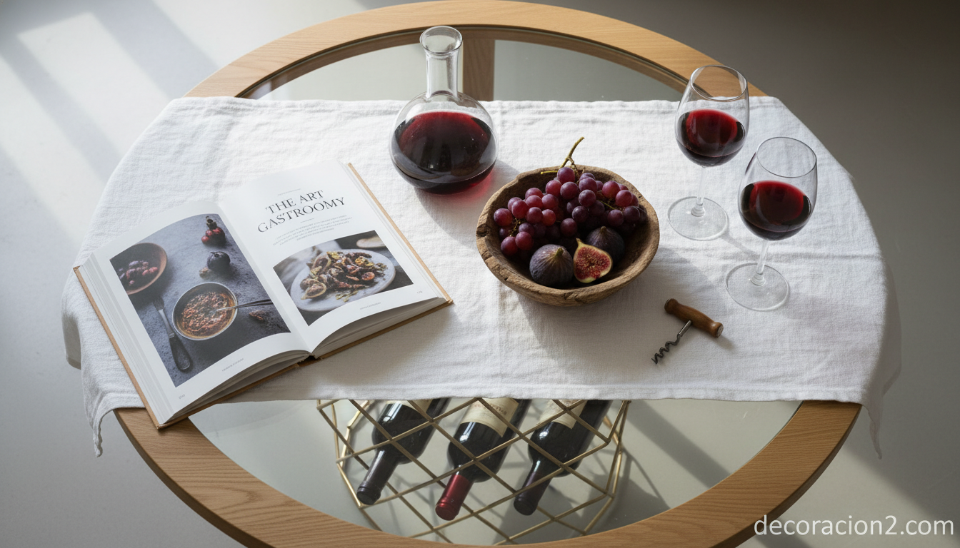 Sobre de mesa de café botellero con copas de vino decantador y libro de gastronomía
