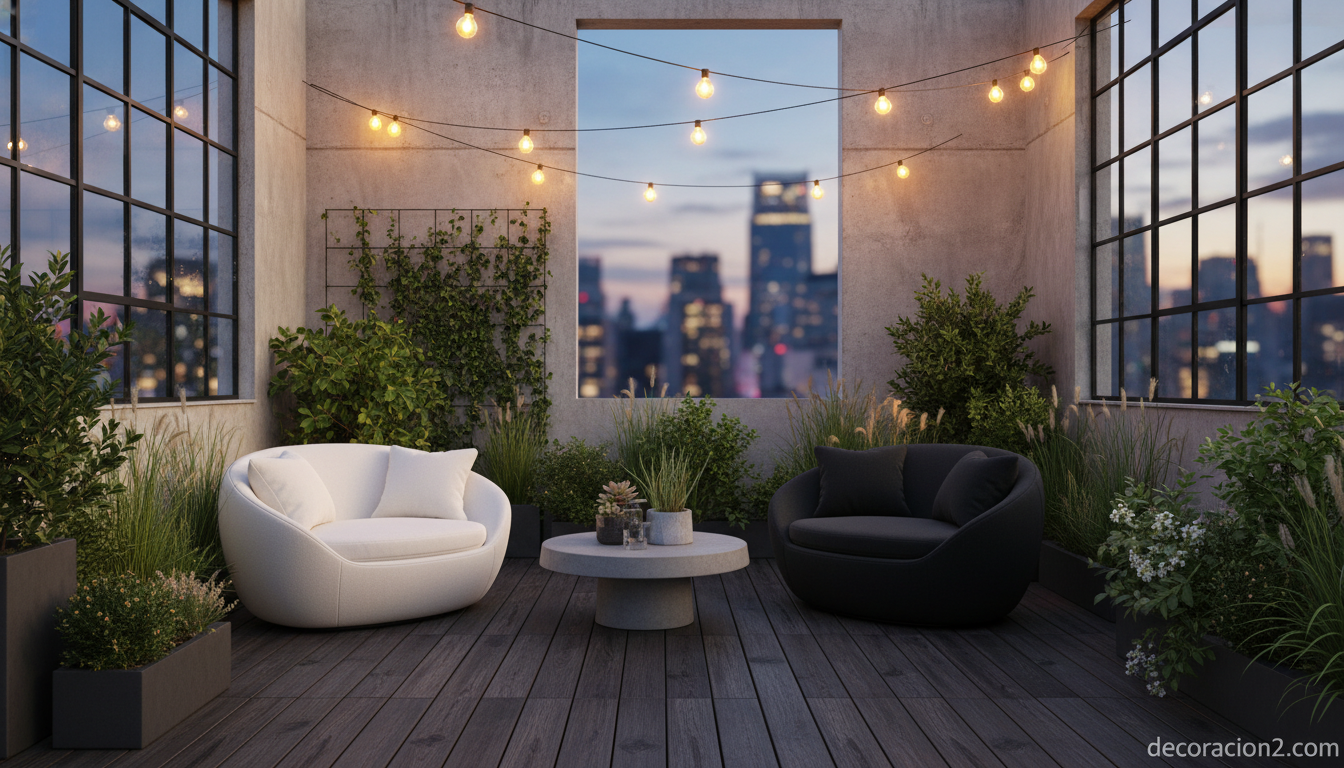 Sillones blanco y negro en azotea urbana estilo industrial al anochecer