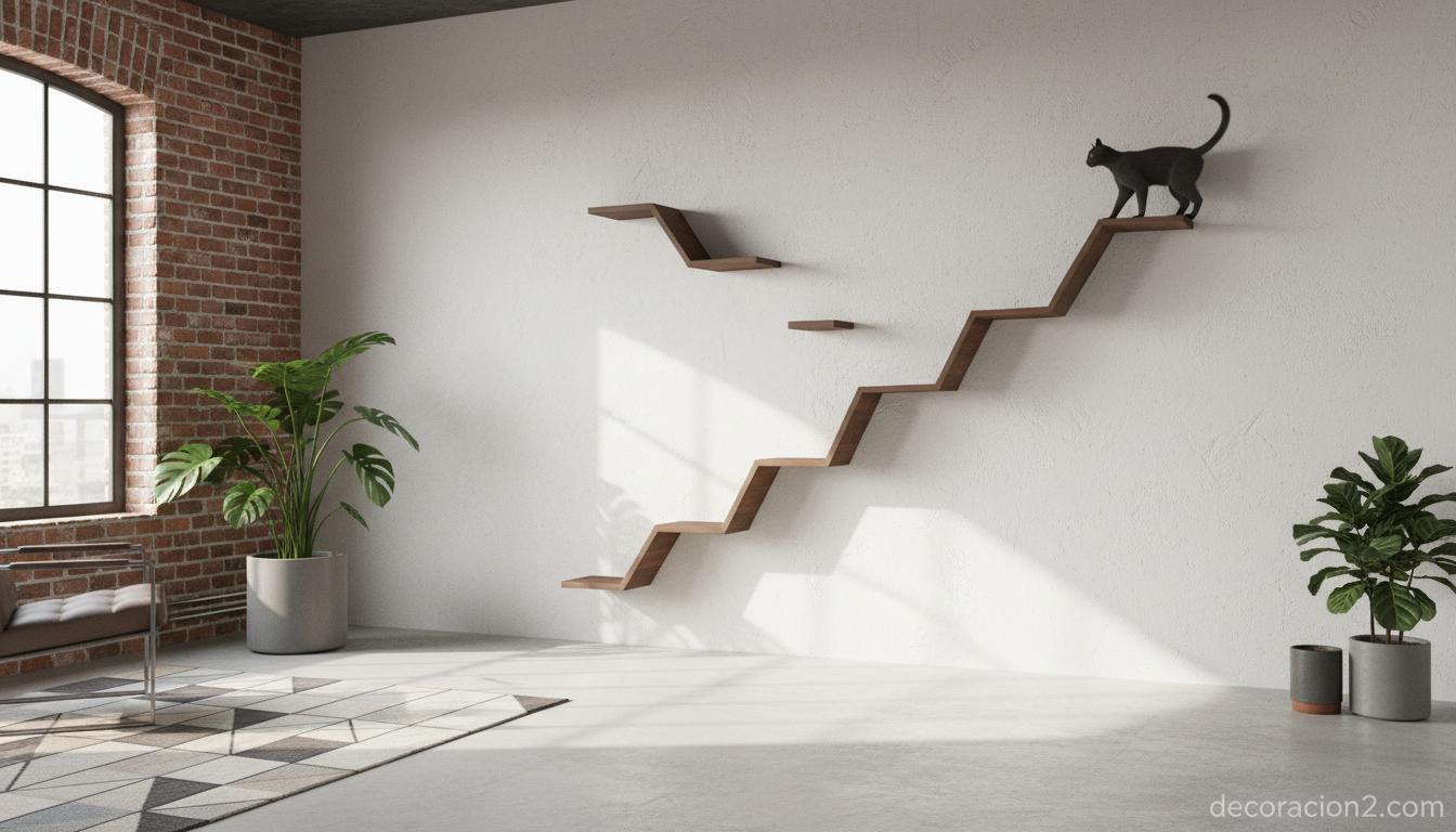 Plataformas modulares para gatos ancladas a la pared en salón moderno
