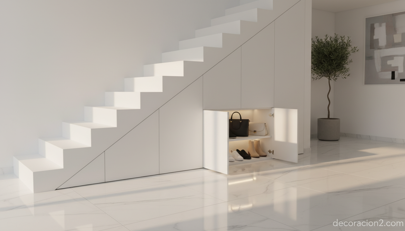 Escalera lacada blanca con puertas laterales abatibles que esconden zapatero y bolsos