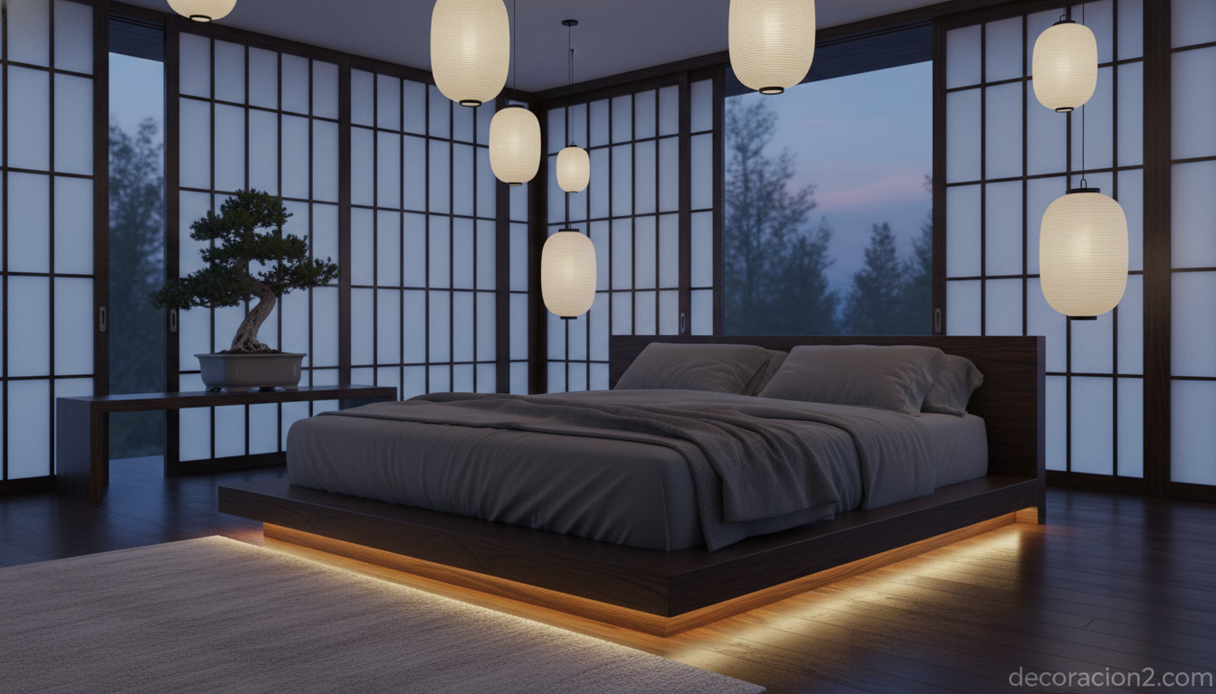 Dormitorio zen con iluminación indirecta cálida y lámparas de papel