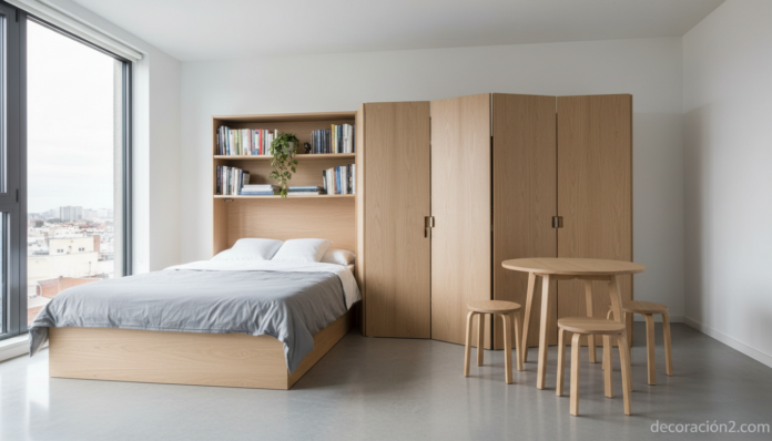 Mueble Matroshka modular sueco desplegado en micro apartamento moderno