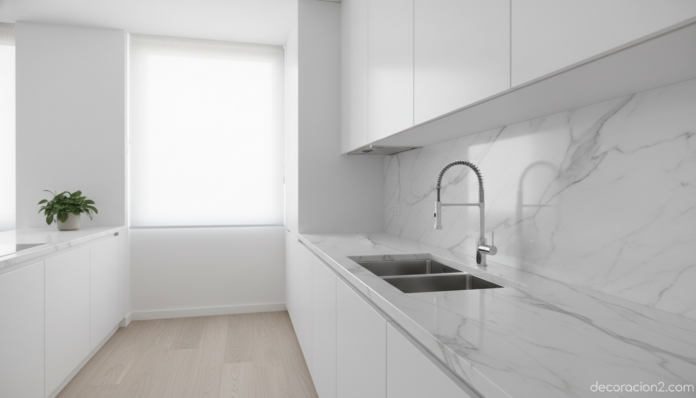 Grifo articulado para cocina en cocina moderna minimalista con fregadero de doble seno