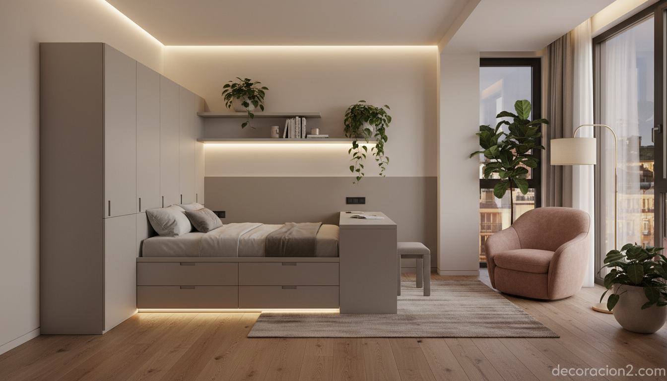 Dormitorio multifuncional con sillón de lectura en estilo italiano contemporáneo