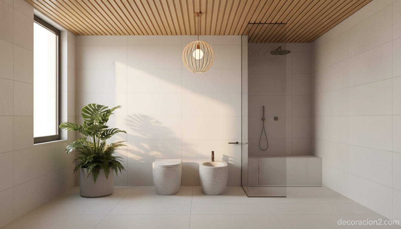 Baño minimalista de estilo japandí con sanitarios escultóricos y madera natural