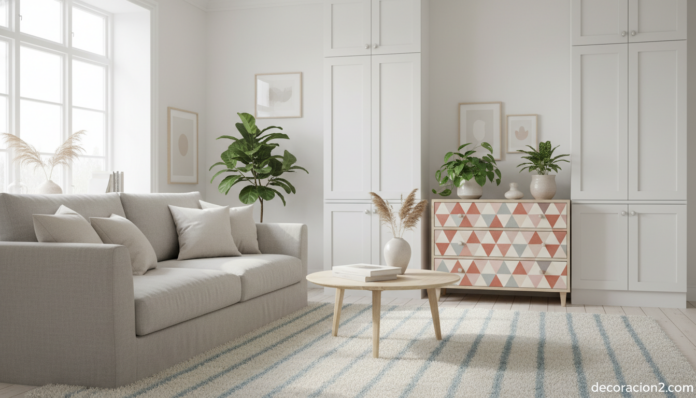 Wide bright Scandinavian living room with white wooden cabinets and a vintage chest of drawers that has been covered with ... Salón decorado con vinilos decorativos para muebles en tonos terracota