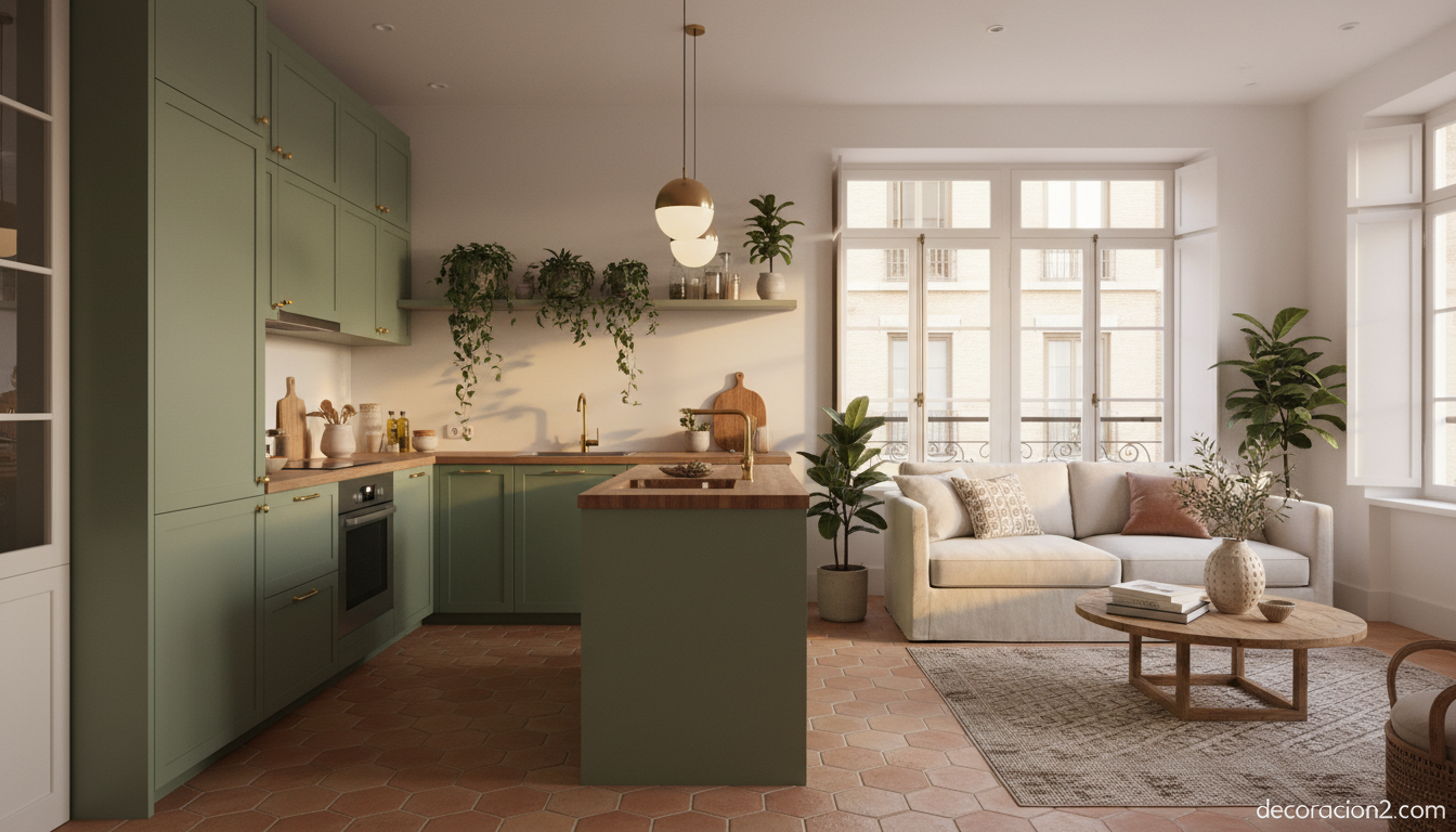 Cocina abierta al salón pequeña con isla y fregadero oculto integrado en estilo nórdico