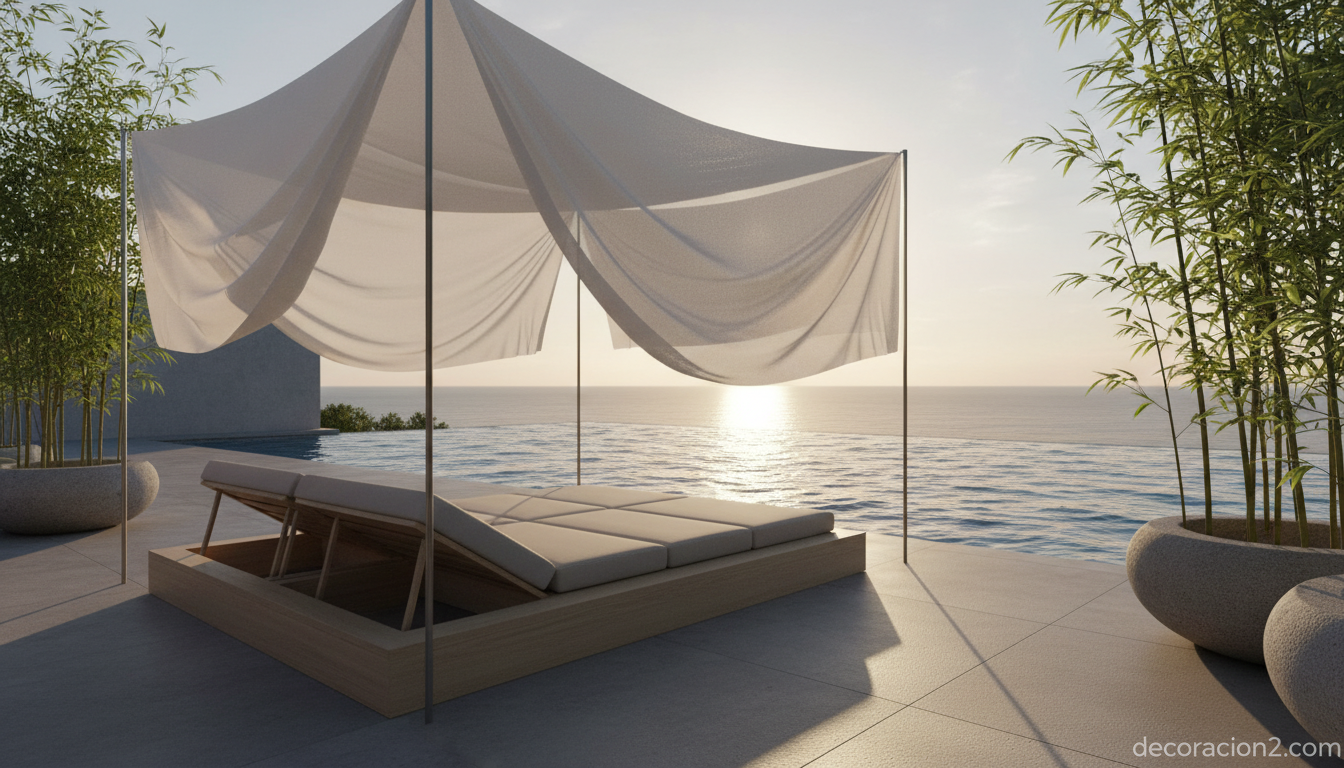 Daybed minimalista junto a piscina con muebles de exterior de inspiración zen
