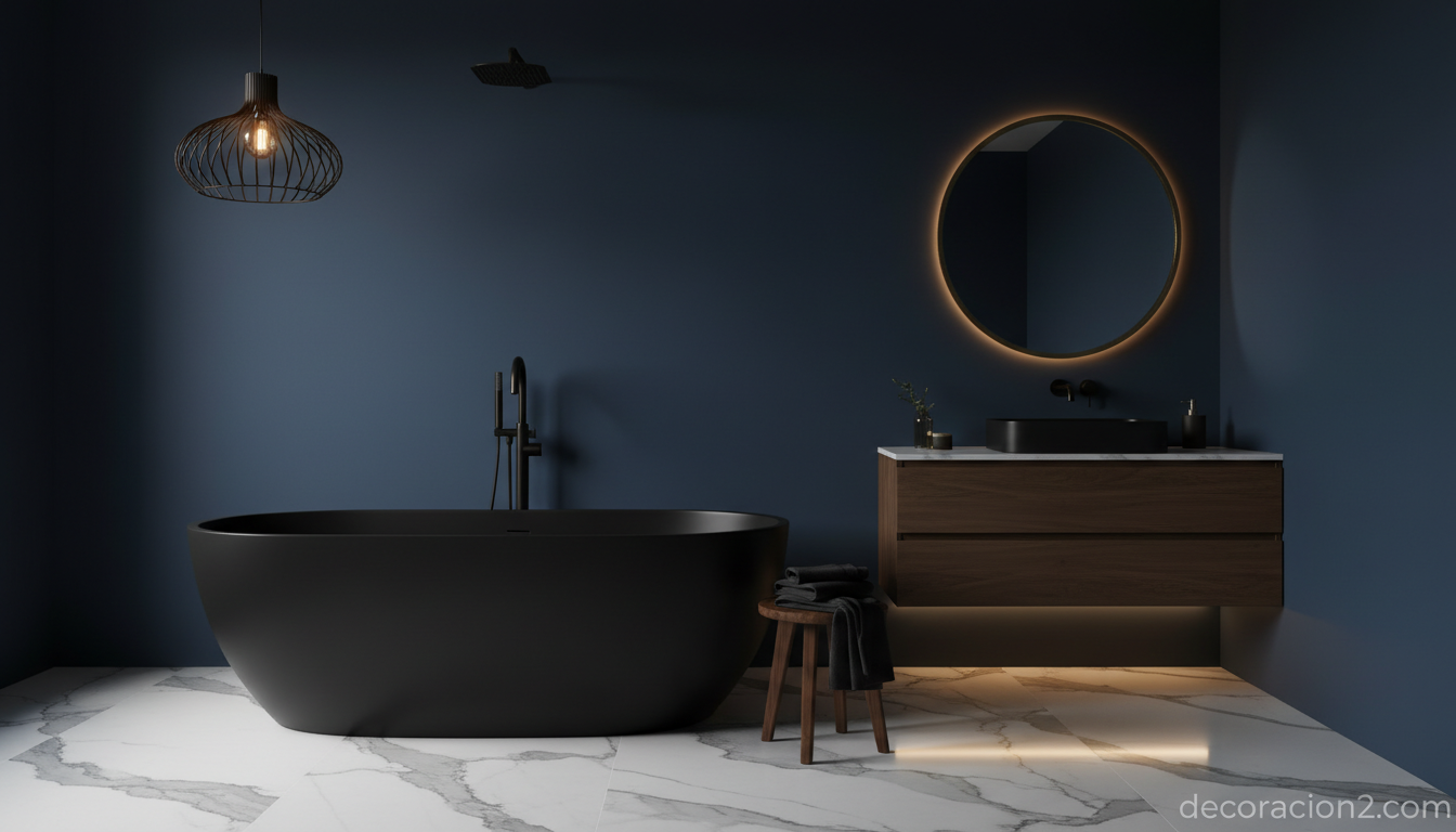 Baño moderno y elegante en azul noche y negro mate con acabados arquitectónicos