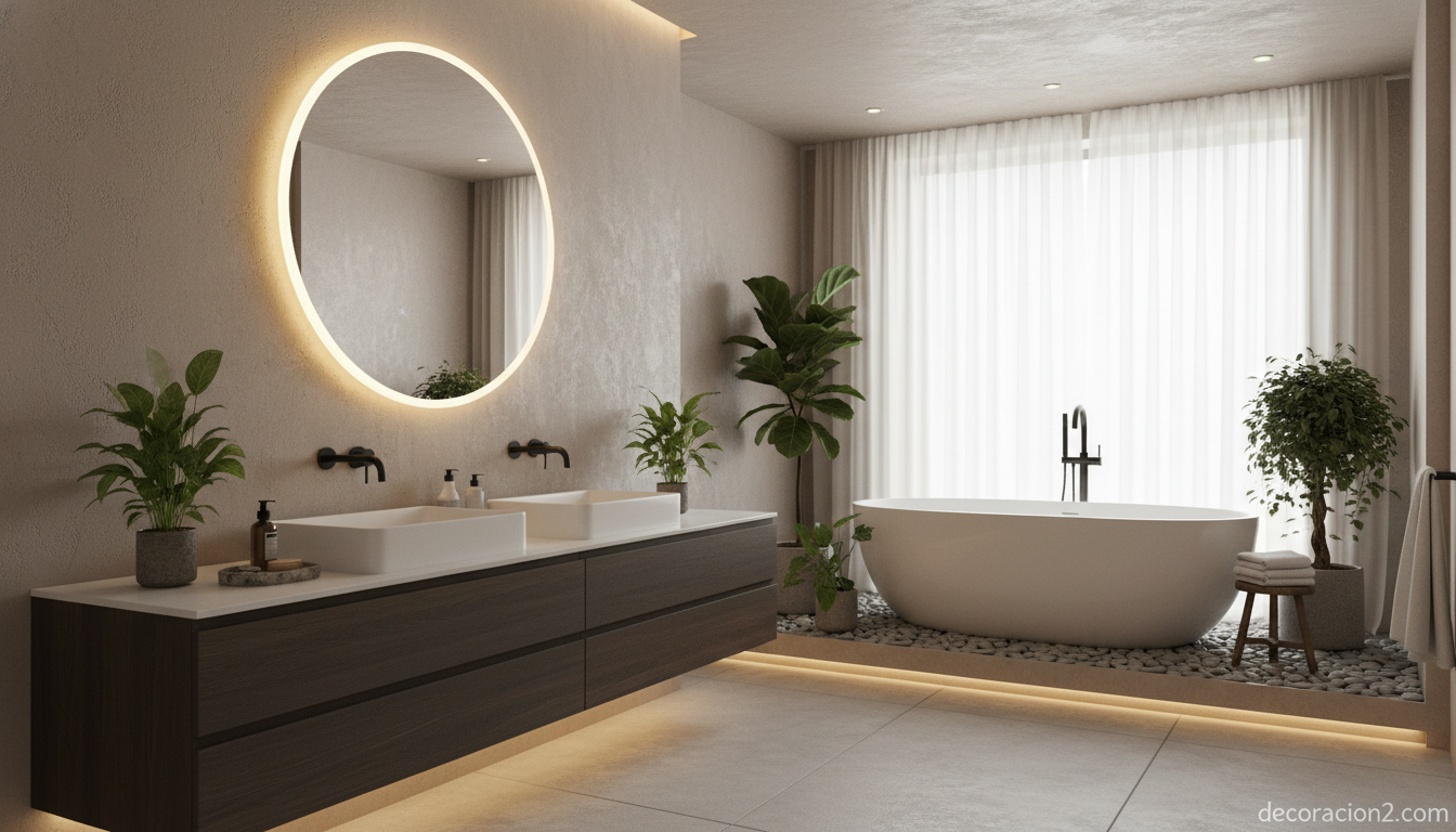 Baño tipo spa con diseño contemporáneo e iluminación ambiental cálida