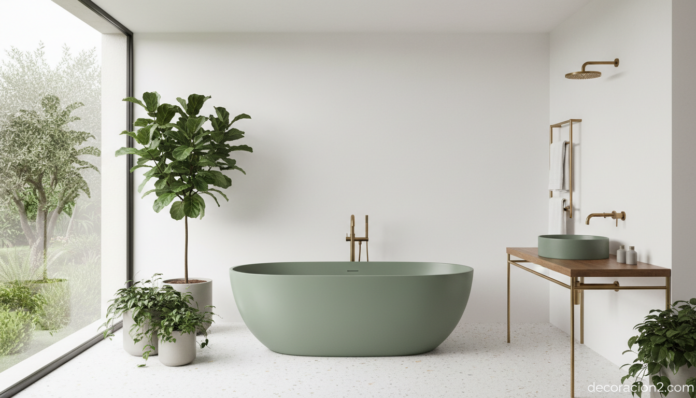 Baño italiano elegante con sanitarios en verde salvia inspirado en los diseños de Simas