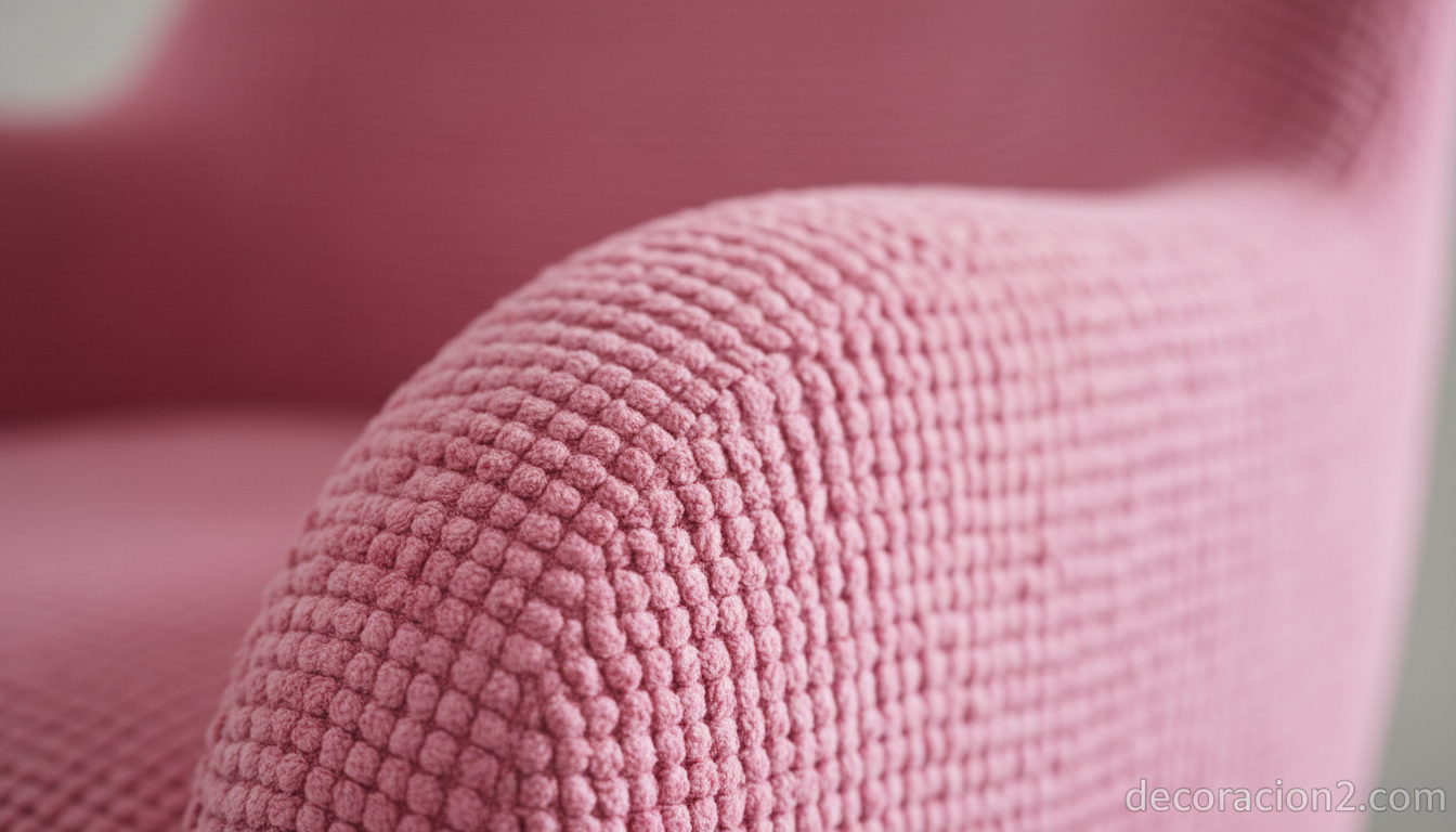 Detalle de tapizado en bouclé rosa empolvado de una butaca retro Utopía