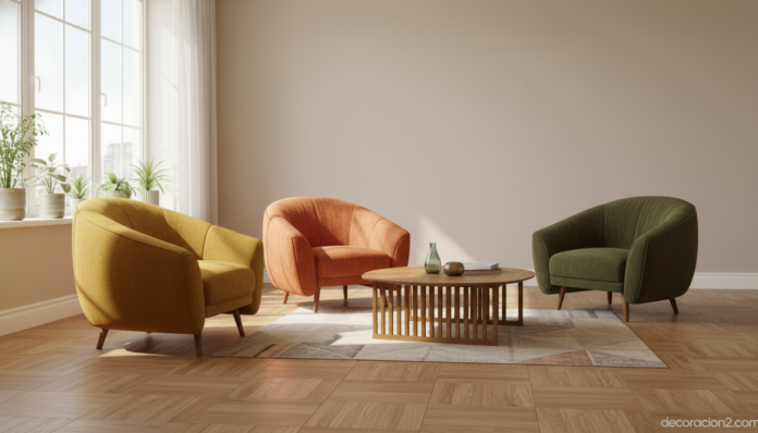 Salón decorado con sillones de colores retro de la colección Utopía