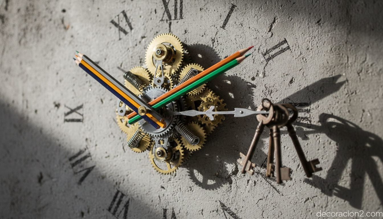 Detalle de reloj de pared personalizable con lápices y llaves antiguas en estilo industrial