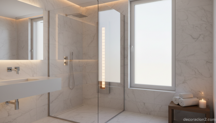 Ducha con bronceado UVA integrada en un baño moderno tipo spa