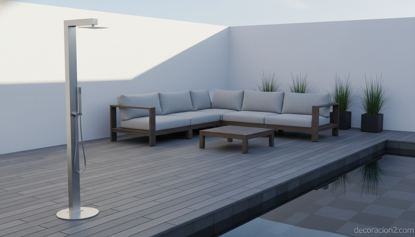 Ducha minimalista de acero inoxidable en terraza moderna con tarima de composite