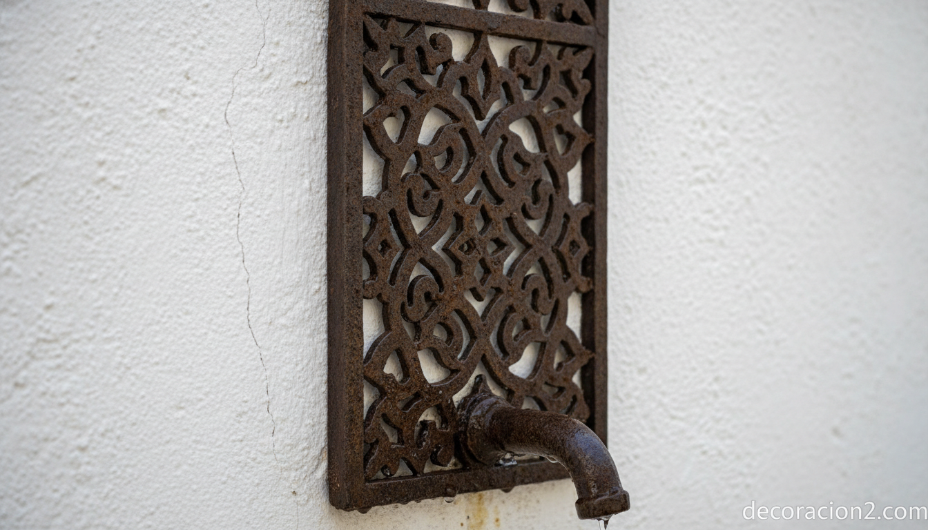 Detalle de ducha exterior de hierro forjado con motivos arabescos sobre muro encalado