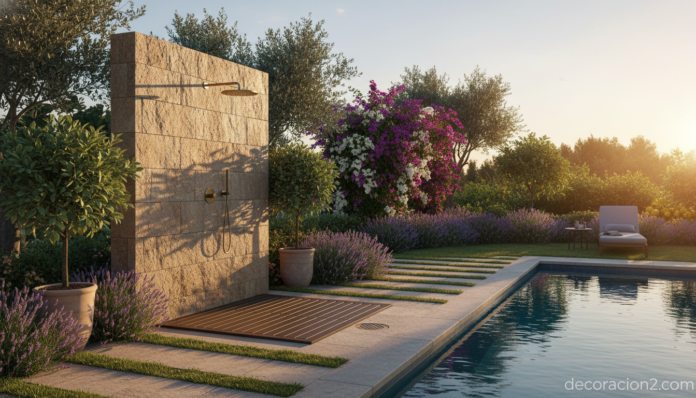 Ducha de exterior junto a piscina rodeada de vegetación mediterránea al atardecer