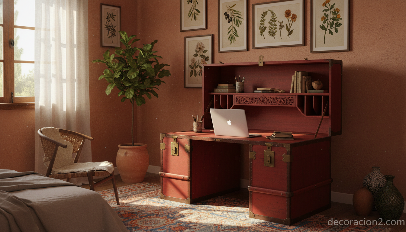 Escritorio portátil tipo baúl rojo en un dormitorio mediterráneo con pared terracota