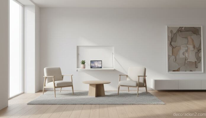 Escritorio plegable montado en pared en un salón minimalista nórdico con luz natural