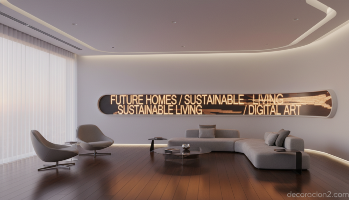 Estantería digital con pantalla LED WaSnake en salón contemporáneo minimalista