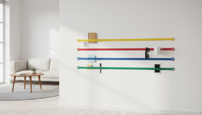 Gomas de colores para ordenar instaladas en pared de salón moderno