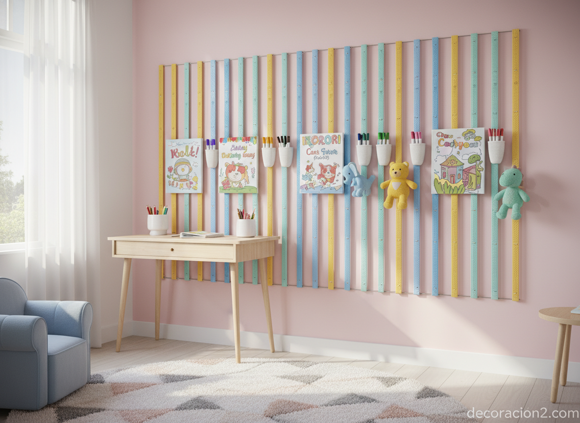 Habitación infantil con tiras de silicona de colores para organizar juguetes