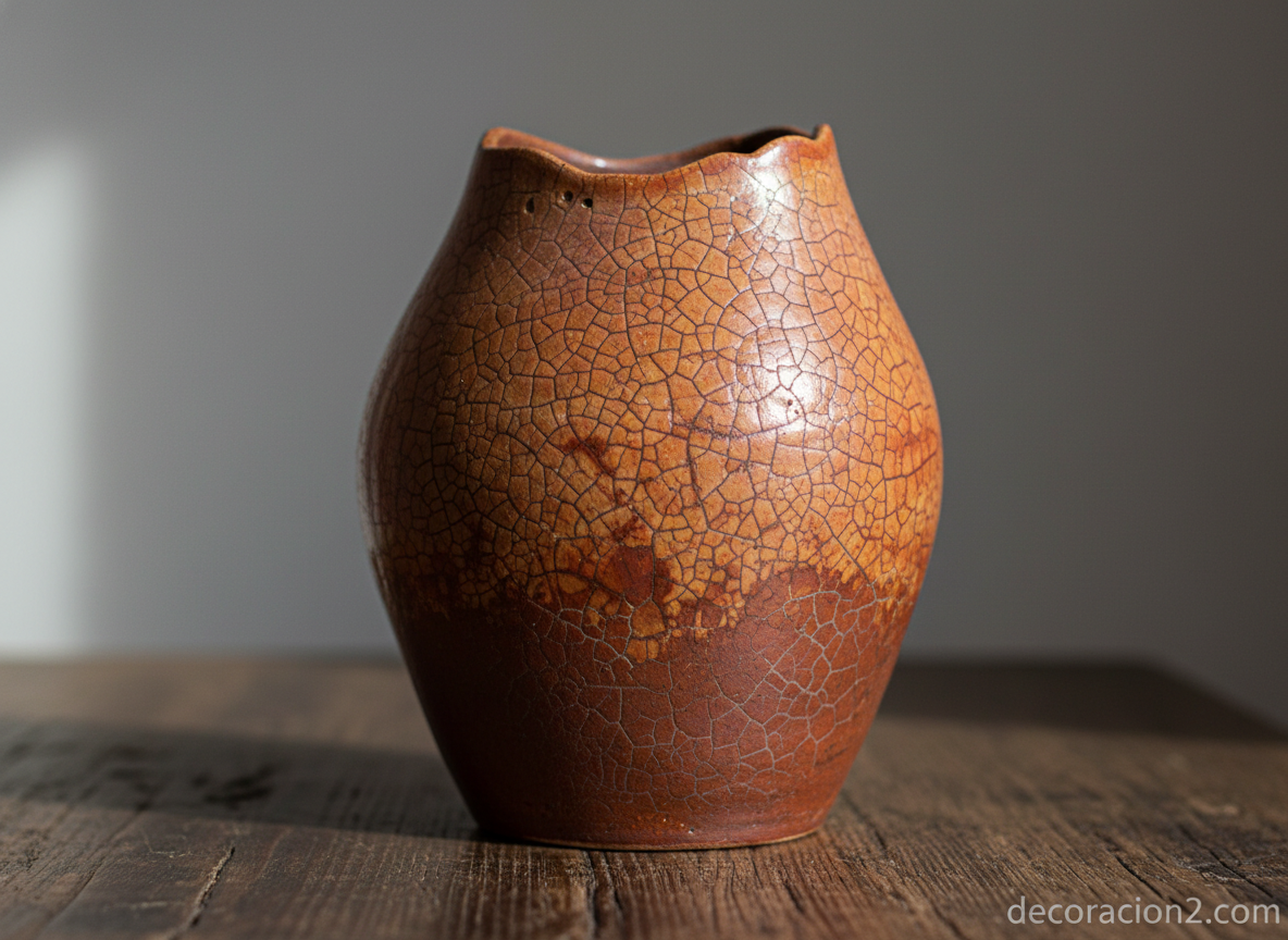 Detalle de jarrón cerámico contemporáneo estilo wabi-sabi con esmalte terracota