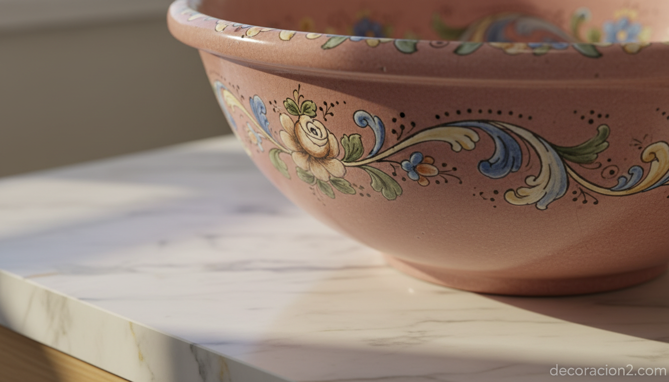Lavabo de cerámica artesanal en rosa empolvado con motivos florales pintados a mano