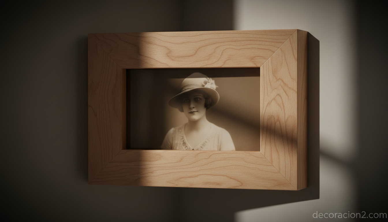 Detalle de marco angular de madera de arce sujetando una fotografía vintage
