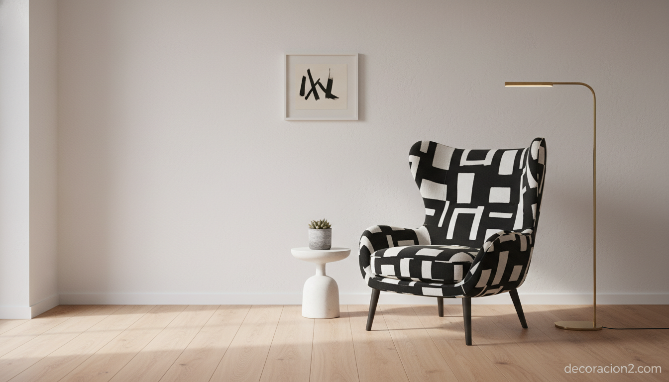 Sillón de diseño en blanco y negro en salón minimalista contemporáneo